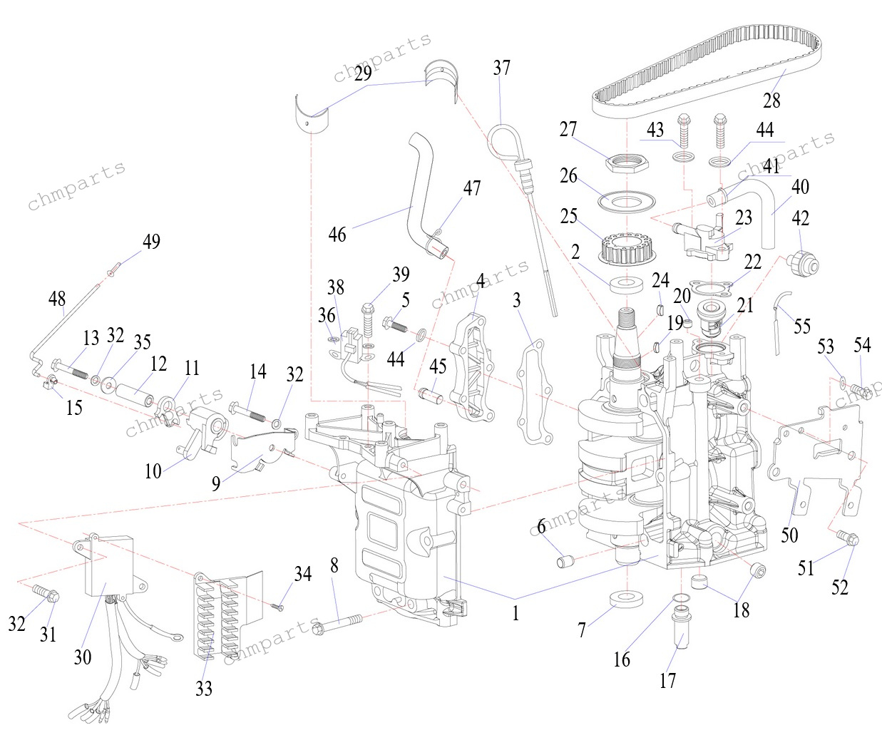 Блок цилиндров, ремень, блок зажигания